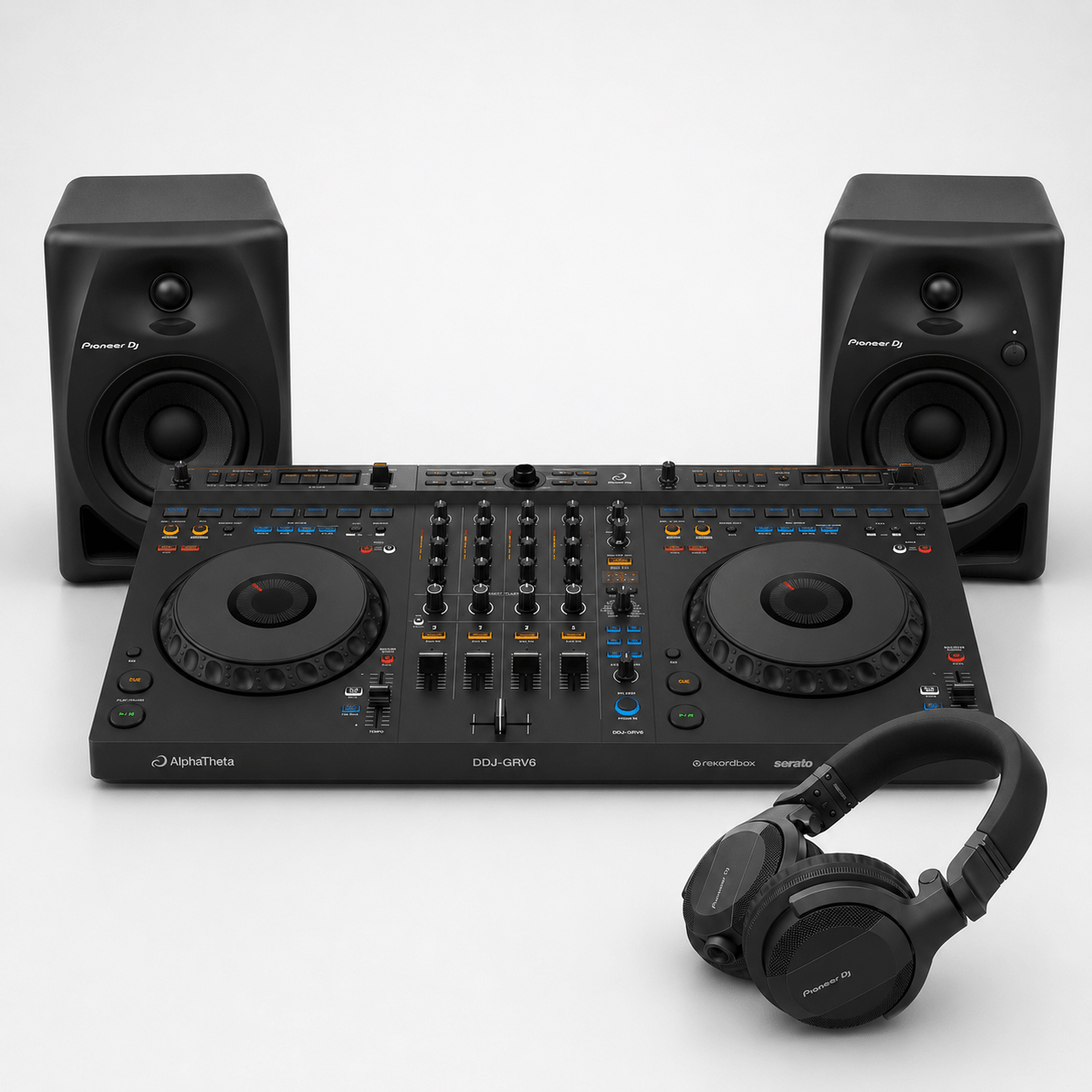 Level Up House Party Bundle - AlphaTheta DDJ - GRV6, HDJ - CUE1 Headphones & DM - 40D Monitor Speakers - Deck Converters