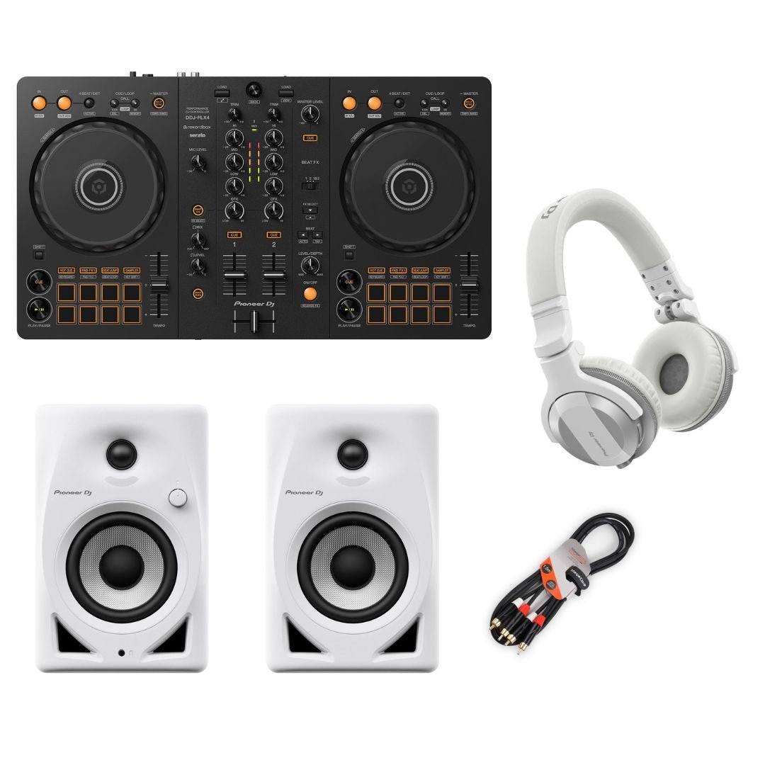Pioneer DJ DDJ FLX4 DJ Starter Beginner Bundle - White HDJ - CUE1BT - Deck Converters