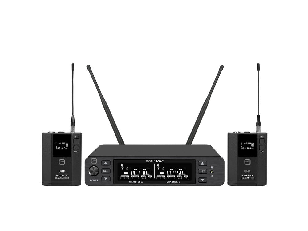 Q Audio QWM 1960 V3 BP UHF Dual Channel True Diversity Belt Pack Wireless Mic System - Deck Converters