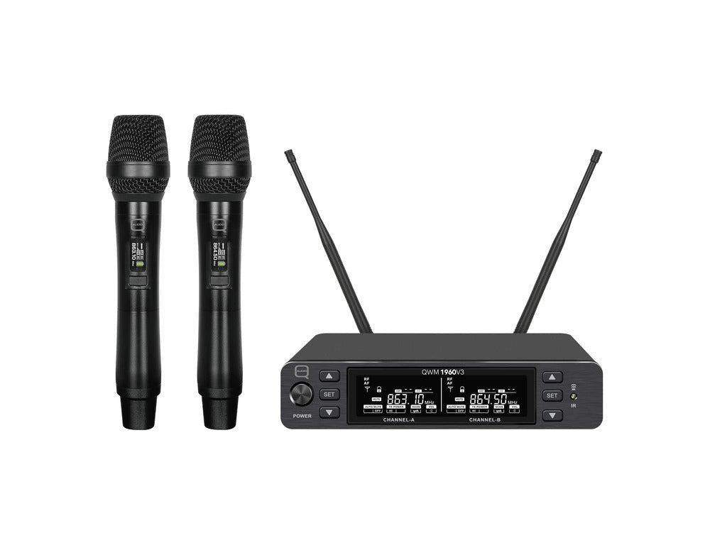 Q Audio QWM 1960 V3 HH, UHF Dual Channel True Diversity Dual Handheld Wireless Mic System - Deck Converters