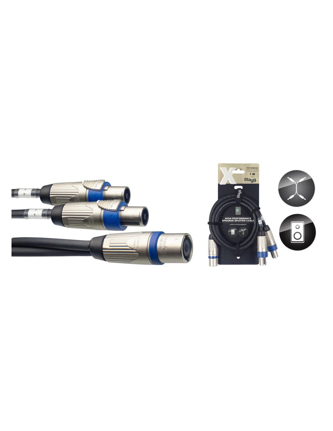 Stagg X - Series SpeakON Splitter Cable, 4 - pin SpeakON M / 2x 4 - pin Speak - 1metre - Deck Converters