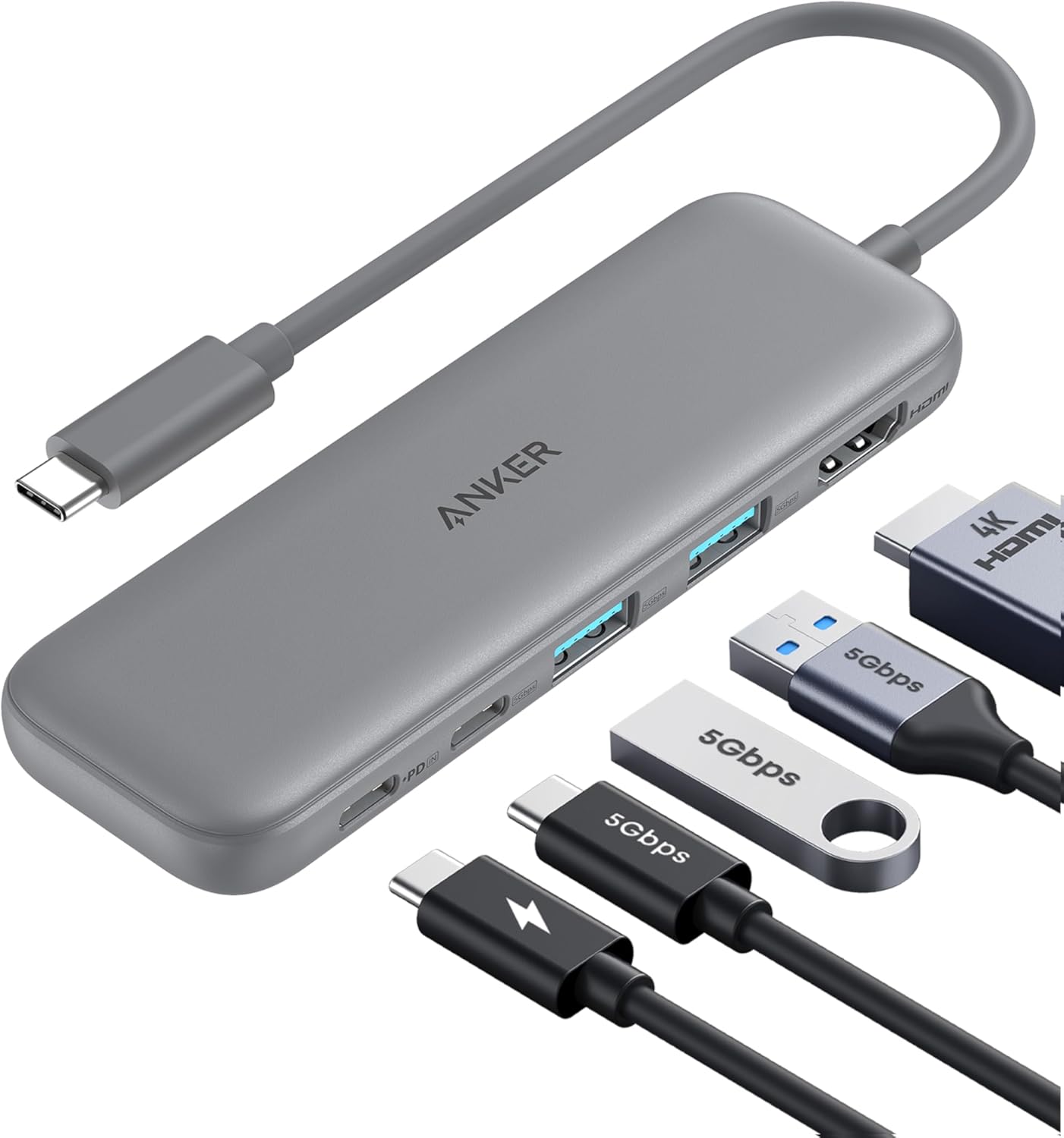 Anker USB - C Hub (5 in 1, 4K, HDMI), Grey - Deck Converters