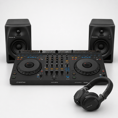 Level Up House Party Bundle - AlphaTheta DDJ - GRV6, HDJ - CUE1 Headphones & DM - 40D Monitor Speakers - Deck Converters