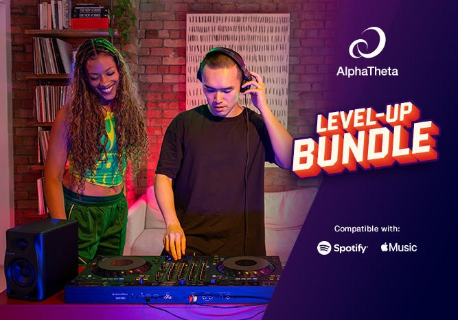 Level Up House Party Bundle - AlphaTheta DDJ - GRV6, HDJ - CUE1 Headphones & DM - 40D Monitor Speakers - Deck Converters