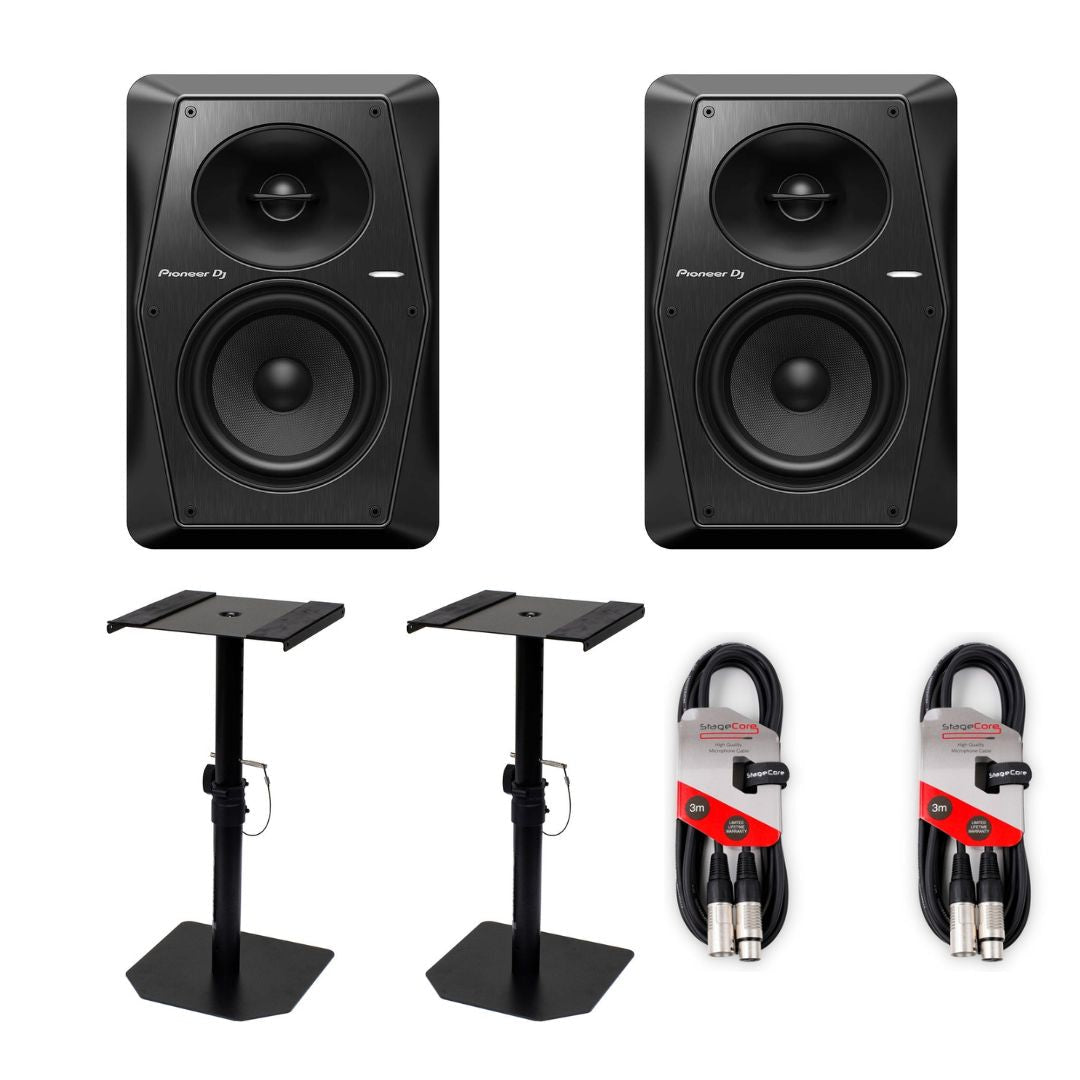 Pioneer DJ VM - 50 Monitor Pair, Ultimax UTX610 Desktop Stands & 3m XLR Cable Bundle - Deck Converters