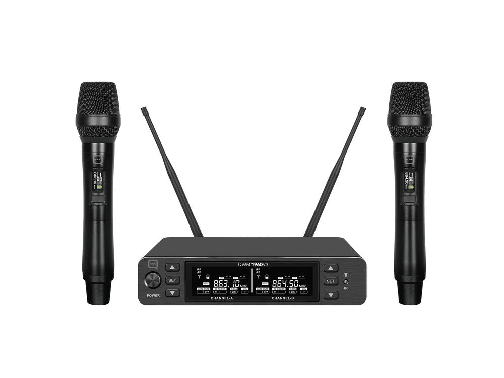 Q Audio QWM 1960 V3 HH, UHF Dual Channel True Diversity Dual Handheld Wireless Mic System - Deck Converters