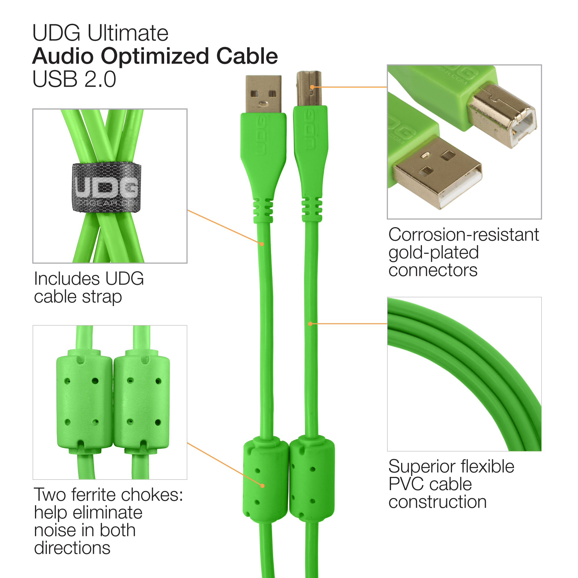 UDG Ultimate Cable USB 2.0 Type A - B Angled 3M - Green - Deck Converters