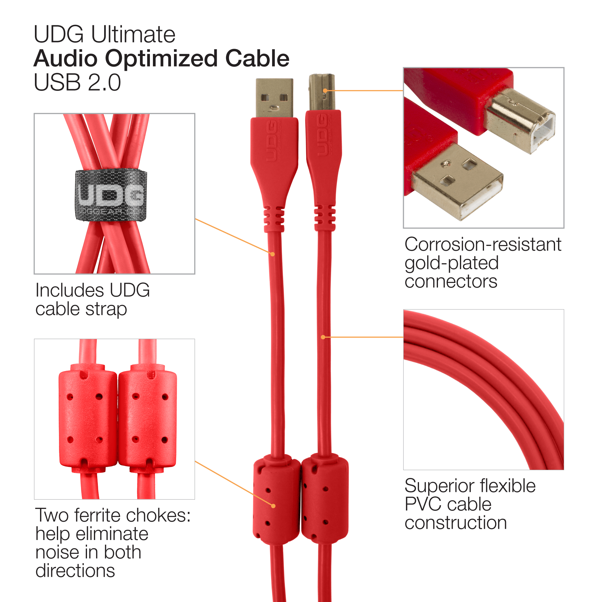 UDG Ultimate Cable USB 2.0 Type A - B Angled 3M - Red - Deck Converters
